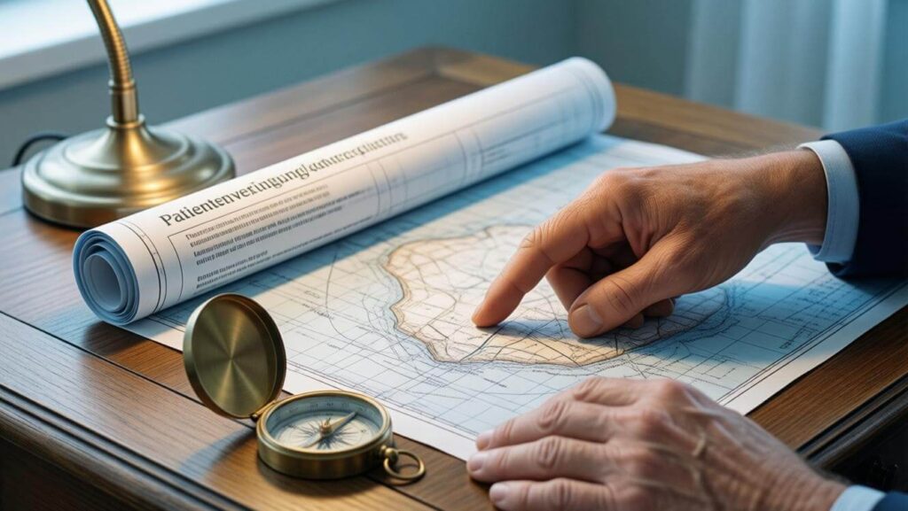 Symbolbild zum Unterschied Patientenverfügung Vorsorgevollmacht: Eine Hand nutzt eine Seekarte (Patientenverfügung) und einen Kompass (Vorsorgevollmacht) zur Planung.