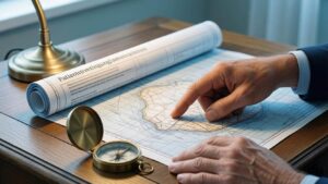 Symbolbild zum Unterschied Patientenverfügung Vorsorgevollmacht: Eine Hand nutzt eine Seekarte (Patientenverfügung) und einen Kompass (Vorsorgevollmacht) zur Planung.