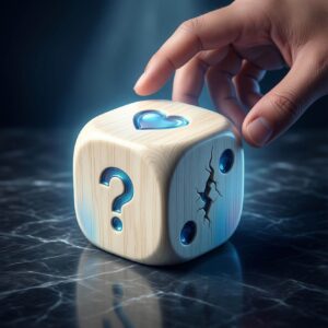 Symbolbild zur Reanimation in der Patientenverfügung: Eine Hand wirft einen Würfel, der statt Zahlen die Symbole Herz, Fragezeichen und eine gebrochene Linie zeigt.