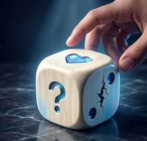 Symbolbild zur Reanimation in der Patientenverfügung: Eine Hand wirft einen Würfel, der statt Zahlen die Symbole Herz, Fragezeichen und eine gebrochene Linie zeigt.