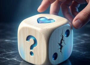 Symbolbild zur Reanimation in der Patientenverfügung: Eine Hand wirft einen Würfel, der statt Zahlen die Symbole Herz, Fragezeichen und eine gebrochene Linie zeigt.