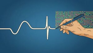 Symbolbild zum Luftröhrenschnitt in der Patientenverfügung: Hand zögert mit einem Stift an einer Gabelung auf einer Blaupause des Lebens.